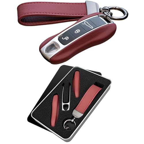 AeroBon Leather Key Fob Cover and Keychain Set Compatible with Porsche Cayenne Panamera 911 Taycan Smart Key Shell (MK2 Red)