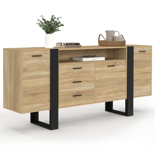 IDMarket Phoenix XXL - Aparador de 180 cm, 3 puertas y 3 cajones con nicho madera y negro