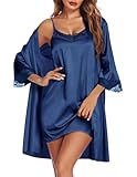 Ekouaer Sleepwear Women's Satin Nightgown with Robes Set 2 Piece Sexy Lace Cami Nightwear Navy Blue S