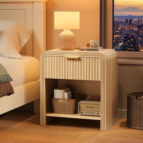 Decofy Fluted Nightstand with Charging Station, Modern Bedroom Side Table with Gold Handles, Curved Profile Design, End Table Wood Organizer for Bedroom, Open Shelf & 1 Drawers (1 Pack, Natural Oak) by Decofy - Image 7