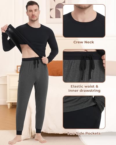 Image of NACHILA Mens Pajamas Set Long Sleeve Henley Sleepwear Top Soft Jogger Pants Pajamas Cool Pjs Set,Viscose Made from Bamboo