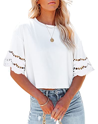 Yuccalley Women's Lace Short Sleeve Crop Tops Summer Casual Round Neck Tees