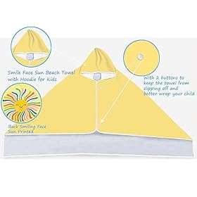 Kids Sun Hooded Beach Towel, Cute Smiling Face Sun Printed Large Microfiber Beach Bath Towel with Hood for Girls 50"x30", Soft Absorbent Quick Dry Beach Swim Pool Towel for Toddler (Sun) 41NIuJHjsJL. SS280