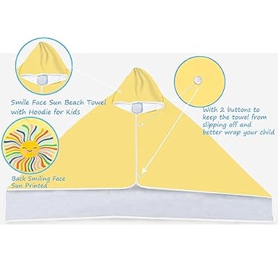 Kids Sun Hooded Beach Towel, Cute Smiling Face Sun Printed Large Microfiber Beach Bath Towel with Hood for Girls 50"x30", Soft Absorbent Quick Dry Beach Swim Pool Towel for Toddler (Sun) 41NIuJHjsJL. SS400