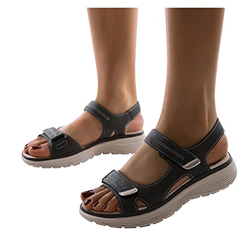 Women's Comfortable Walking Sandals with Arch Support Athletic Hiking Sandals Ladies Faux Leather Waterproof Water Sandals Beach Shoes,Black,US10/EU41