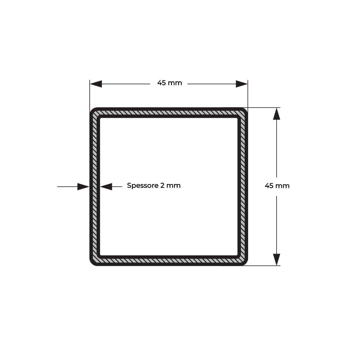 Tubo Quadrato in Ferro Grezzo 45x45x2 mm - Spessore 2 mm - 1 mt / 1000 mm - Made in Italy