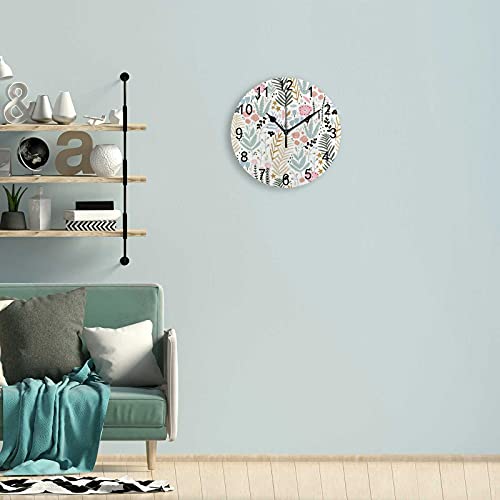 Hapuxt Wall Clock Pvc 9.8 Inch Doodle Flowers Branch Leaves Colorful Non Ticking Silent Round Battery Operated Home Decorative Kitchen Office Living Room Bedroom #TOP4