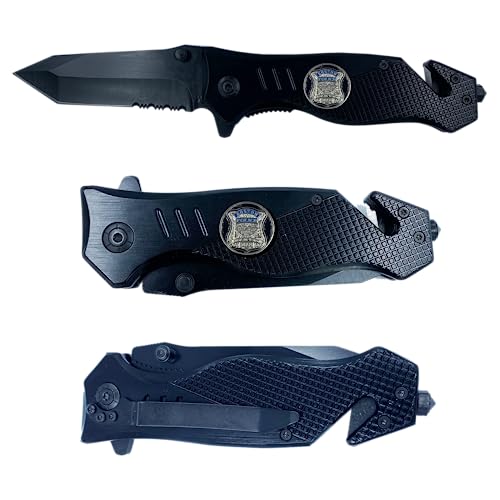 Boston Police Collectible Officer 3-in-1 Police Tactical Rescue Knife Tool with Seatbelt Cutter, Steel Serrated Blade, Glass Breaker BPD
