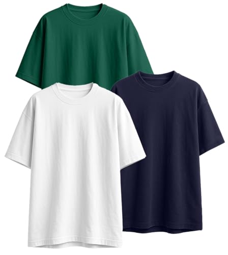 Image of Veirdo 100% Pure Cotton Drop Shoulder Oversized Baggy Fit Half Sleeve Plain Solid Round Neck Multicolor T-Shirt Combo for Men (Pack of 3) (Sizes S-2XL)