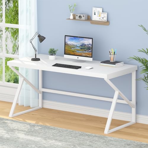 HSH Schreibtisch Weiß Moderner Computertisch Holz für Homeoffice Schreibtische PC Tisch aus Holz und Metall Computertisch für Wohnzimmer Schlafzimmer Arbeitszimmer Weiß 150 cm