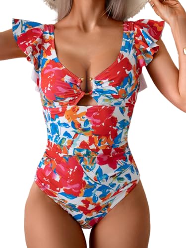 Image of Eomenie Womens Ruffled One Piece Swimsuit Slimming Tummy Control Bathing Suit V-Neck Cutout Swimwear for Resort Wear
