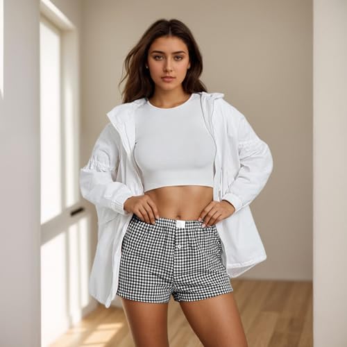 Image of Y2K Boxer Shorts for Womens Low Waist Plaid Lounge Shorts Elastic Cute Gingham Pajamas Bottoms