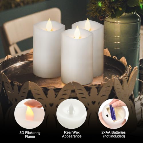 Image of 3PCS, 3 x 5 inches Flameless Candle with Remote Control, 3D Flickering Wick, Real Wax Pillar LED Candles, Battery Candles,with Timer,for Holiday Home Decor,White