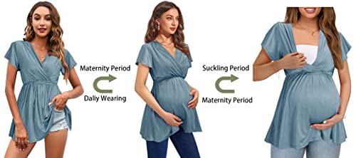 Ouges 2023 Womens Maternity Tops/Shirts Short Sleeve Wrap V Neck Tie Back Pleat Peplum Maternity Clothes/Tunic Casual Pregnancy Blouse(Haze Blue,M) #TOP1