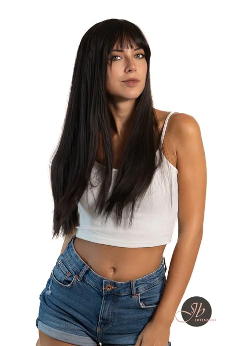Miniatura 3 de LUNA - Peluca larga y lacia de color negro natural con flequillo completo, para usar y llevar, sin pegamento, pelucas sintéticas naturales para uso