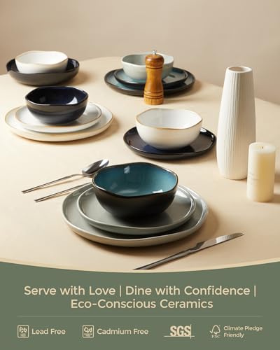 Image of Large Holiday Dinnerware Sets for 8, Ceramic Plates and Bowls Set, Kitchen Dish Set, Microwave & Dishwasher Safe Dishware, Perfect for Christmas & Thanksgiving, Gray Green