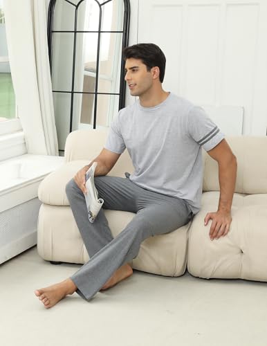 Mens Pajamas Set Cotton Short Sleeve with Pants 2 Piece PJ Set Soft Comfy Loungewear Men's Nightwear with Pockets4