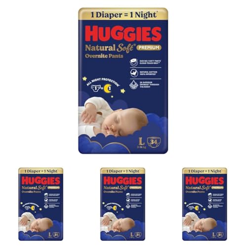 Image of Huggies Natural Soft Overnite Diaper Pants| Premium Pant Style Baby Diapers Medium Size (L Size | 9-14 Kgs), 34 count| Keeps baby dry all night with cloud softness all over (Pack of 4)