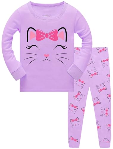 TCWWBB Girls Pyjamas for 5-6 Years Old Toddler Purple Cat Pajamas Long Winter Pjs Set Toddler Sleepwear Cotton Crewneck Long Sleeve Nightwear 5 Piece Outfit Xmas Gift Clothes