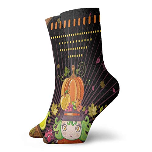 Fashion Compression Socks,Mystical Cartoon Girl With Fruit Hat And Autumn Leafage On Wooden Frame,Performance Polyester Cushioned Athletic Crew Socks for Running,Athletic, -12 inch
