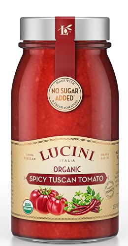 LuciniItalia Organic Spicy Tomato Sauce – Classic Italian Sauce in Glass Jar – Fresh Organic Tomatoes – Tuscan Tomato Sauce – No Sugar Added Pasta Sauce, 25oz (Pack 6)USDA Organic