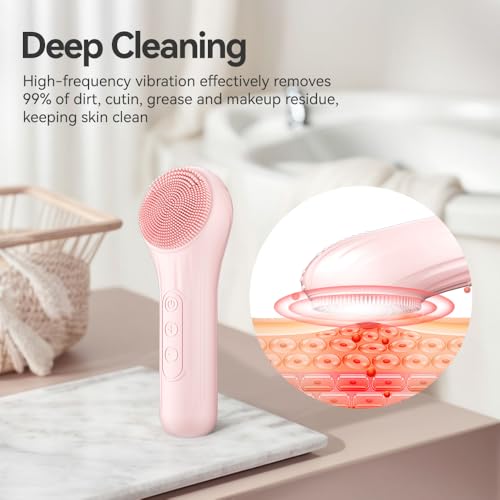 Silicone Face Scrubber, Facial Cleansing Brush with Heating and Vibration, Electric Waterproof Face Wash Brush with 5 Strength Adjustable for Exfoliating, Deep Cleaning, and Face Massaging (Pink) - Image 4