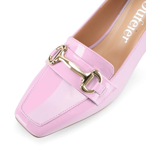 Image of Womens Mid Block Chunky Heeled Loafers Closed Square Toe Patent Leather Comfortable Slip On Pumps Metal Chain Basic Classic Casual Work Office Dress Shoes 2.8 Inches Heels