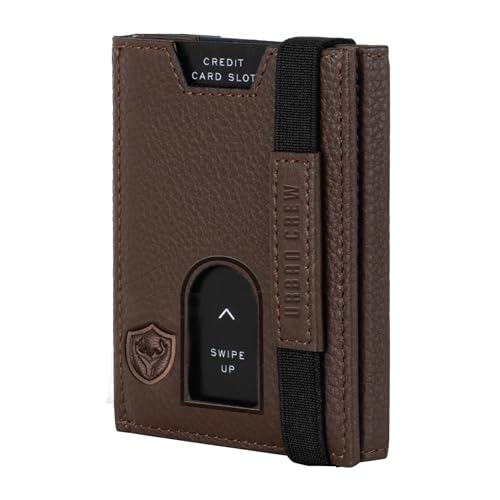 Image of URBAN CREW Smart Slim Wallet for Men - RFID Blocking Leather Card Holder with Swipe-Up Slot & Elastic Strap - Minimalist Front Pocket Wallet (Brown)