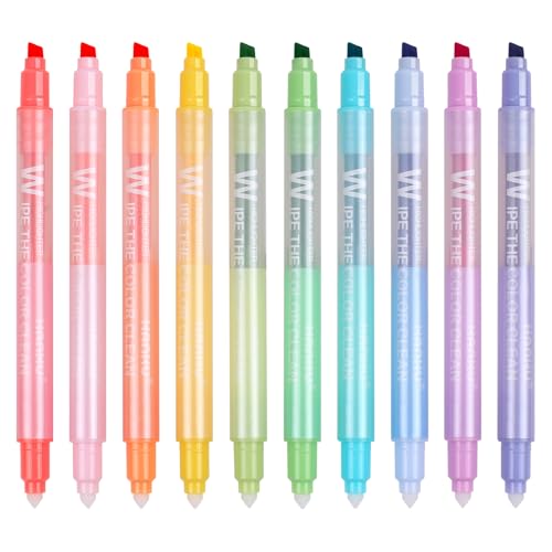 HANKU Erasable Highlighters 10 Pastel Highlighters Assorted Colors Dual Tip Cute Erasable Highlighter Pens No Bleed Through for Bullet Journaling School Office Supplies