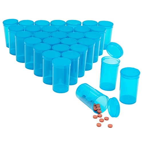 Juvale 30 Pack Empty Pop-Top Pill Bottles - 19 Dram Capacity - Blue Plastic - Caps for Easy Access - Medicine Containers & Vials with Caps - Squeeze-Open Travel Vials