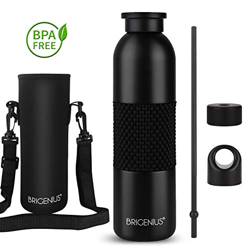 BRIGENIUS, Borraccia Termica da 540 ml, priva di Bisfenolo A, con 3 Tappi in Acciaio Inox, per Sport, Viaggi, Campeggio, Trekking, Latte, Ufficio, Scuola, Nero, 520 ml