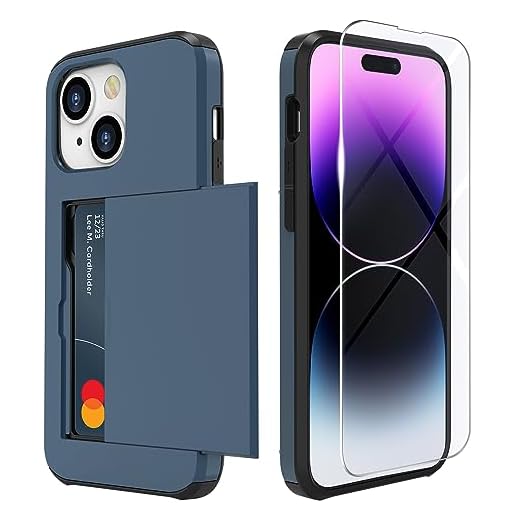ZUSLAB Card Holder Slot Case Compatible with Apple iPhone 15 6.1 Inches 2023, Phone Wallet Case with 1 Tempered Glass Screen Protector, Rubber & PC Bumper Cover for Women Men, Dark Blue