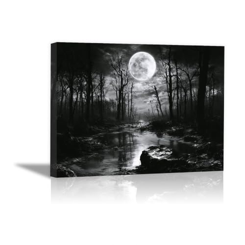 Mural del paisaje arbóreo junto al lago en blanco y negro, lienzo decorativo de 20x30cm