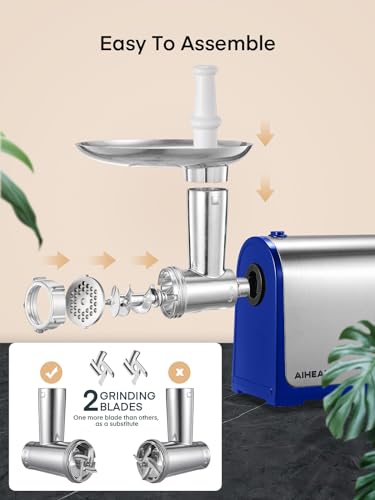 Image of Electric Meat Grinder, Sausage Stuffer with 3 Sausage Tubes, 2 Blades, 3 Plates, 3200W Max, Meat Grinder Heavy Duty for Home Kitchen Use, Stainless Steel (Blue)