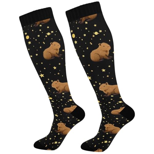 Image of Pigsaly Womens Compression Socks Yellow Stars Funny Brown Capybara Knee High Socks Athletic Tube Sock Outdoor Sport Socks