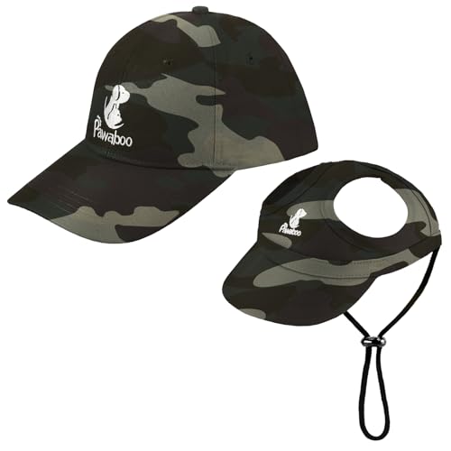 Pawaboo Haustier Baseball Mütze, 2 Stück Pet Eltern Kind Mütze, Sonnenhüte mit Ohrlöchern und Verstellbarem Kinnriemen, Haustier Familienhüte Outdoor Hundecap Sonnenschutzkappen, Klein, Tarnfarbe Grün