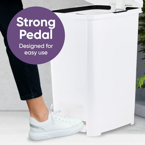 Image of Superio Slim Trash Can with Foot Pedal - 16 Gallon Step-On Trash Can, Tall Plastic Garbage Can, Extra Large Trash Can for Bathroom, Kitchen, Office, Patio, or Backyard - White Smoke, 2 Pack