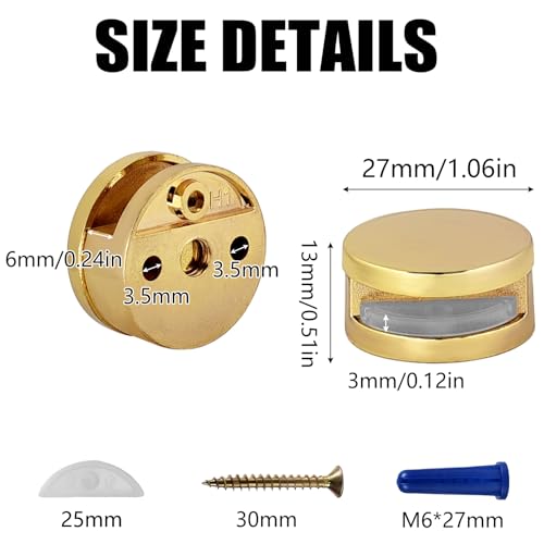 Image of Frameless Mirror Mounting Hardware Kit Zinc Alloy Mirror Holder Clips Round Shape Dual-Screw Fixing Mirror Glass Hanging Bracket with Screws and Anchors Fit for 3-5mm Thickness (Golden, Set of 8 )