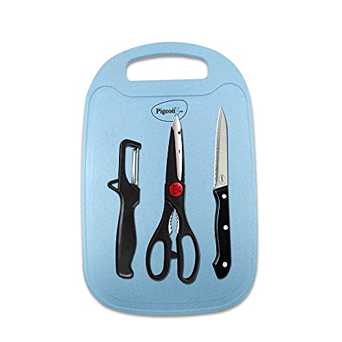 Pigeon Shears 4 Piece Kitchen Knife Set with Chopping Board, Stainless Steel Kitchen Knife, Scissor and Vegitable Pealer, Black, Medium (14184)