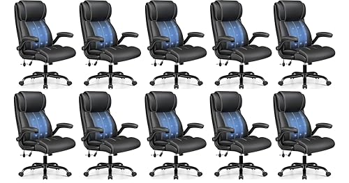 Image of BESTFAIR Leather Executive Office Chair, Adjustable Lumbar Support, Black | Neck & Lumbar Relief for Prolonged Sitting, Flip-Up Arms, 21 inch Wide Padded Seat, Scratch-Resistant PU Leather, Tilt, 10 Pack