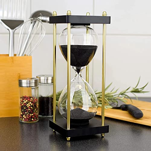 Image of 10 Inch Sand Timer with Wooden Base & Black Sand | Handmade Nautical Hourglass 30 Minute Approx | Decorative Sand Clock for Dining Room, Study, Kitchen, Yoga, Office & Gift Use