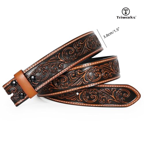 Western Belt Strap for Men without Buckle 1.5" Wide Floral Engraved Embossed Leather Belt Strap,L-Brown4