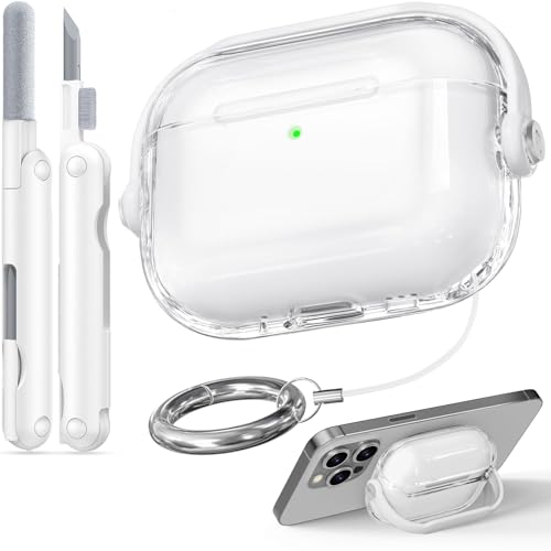 Wowwat for Airpods Pro 3 Case Clear,Safety Lock Cases for Apple Airpod Pro 3 Case 2025 with Phone Stand & Cleaner Kit,Drop Protection Air pods Pro3 Cover for Men Women with Keychain,Clear+White
