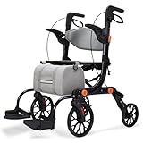 2-in-1 Rollstuhl-Rollator faltbar und leicht mit Sitz, klappbarer Rollstuhl für Senioren, Aluminium-Gehhilfe Transportstuhl, höhenverstellbar für Innen- und Außenbereich mit Bremsen