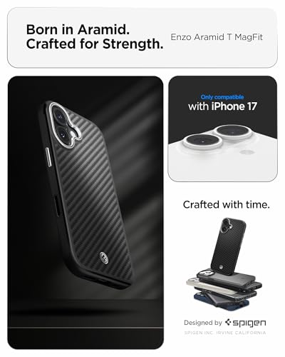 Image of Spigen Enzo Aramid T MagFit Back Cover Case for iPhone 17, Premium Aramid Fiber Finish, Camera Control Button - PC+TPU | Black Silver