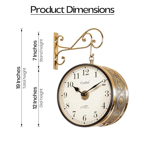 Image of CRAFTEL Double Sided Station Wall Clock Multi-Layer Electroplated | Both Side English Numerals | Aluminum Matte-Finish Dial | Dial - 10 Inches, Shiny Gold | 365 Days Warranty