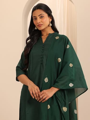 Image of Libas Womens Woven Design Cotton Blend Straight Kurta With Trousers and Dupatta | daily wear suit