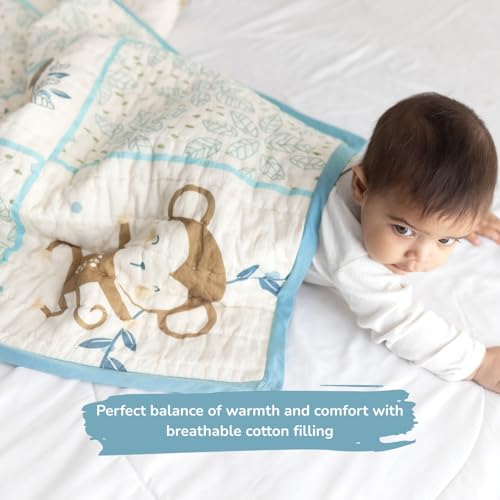 Image of TIDY SLEEP Mulmul Cotton Baby Blanket - Super Soft & Lightweight Comforter for Newborns & Toddlers (0-2 Years) - Jaipuri Razai, All-Season Use, 110x90 cm - Jungle Family Print