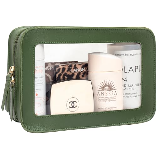 Image of LETGO Clear Makeup Bags, TSA Approved Toiletry Bag with Zipper, Travel Makeup Organizer Fit Carry-on Travel Essentials,Small Cosmetic Bags Pouch for Women Men (Clear-Vintage Green)