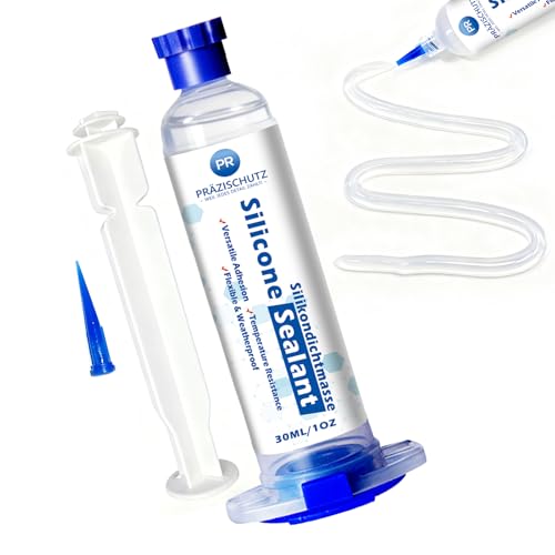 PRAZISCHUTZ RTV Silicone Adhesive Sealant - High Temperature & Waterproof Caulking for Home, Auto, & Crafts - Creates Flexible, Long-Lasting Seal on Kitchen, Bathroom, Shower, Window (Clear, 30ml/1oz)